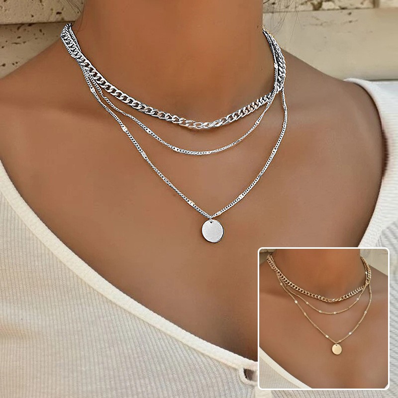 Women's Layered Disc Pendant Clavicle Chain Necklace