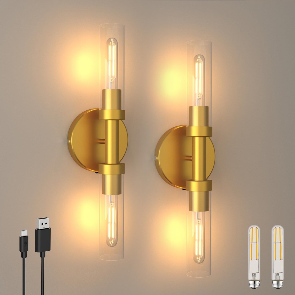 Battery Operated Wall Sconce Set of Two, Rechargeable Wall Lamp with Touch Co...