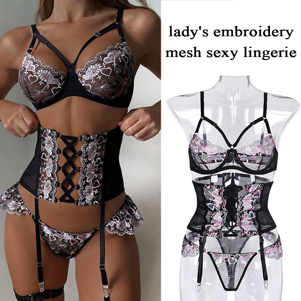 Women Sexy Lace Up Corset Bra Bra Thong Underwear Set Hollow Out Bodysu