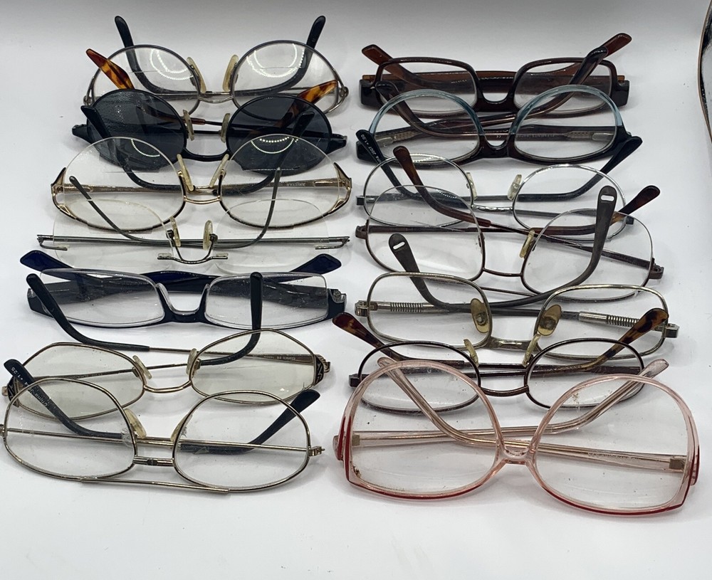 Lot of 14 Pairs Frames Assorted Colors and Styles, Brands Eyeglass Some Vintage