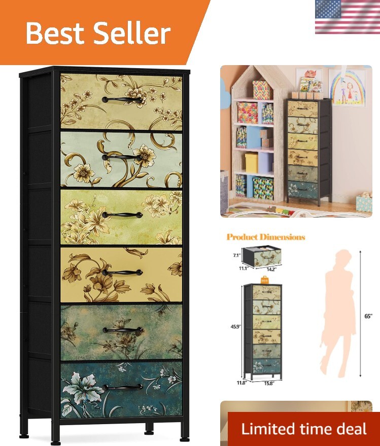 Vintage 6-Drawer Dresser with Fabric Bins - Safe Sturdy Stylish Storage