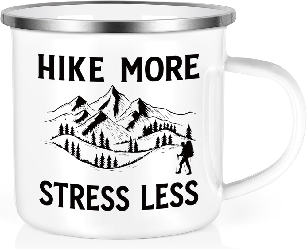 Hiking Gifts for Men Women, Enamel Camp Mug 11Oz - Hike More Stress Less, Christ