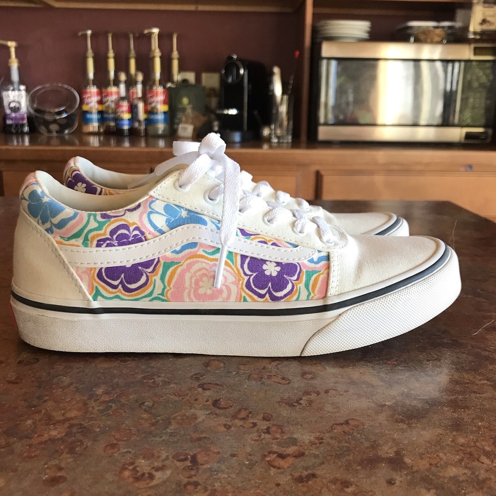 Vans Womens Size 4 Youth Junior Old Skool Retro Floral White Skate Lace Up Shoes
