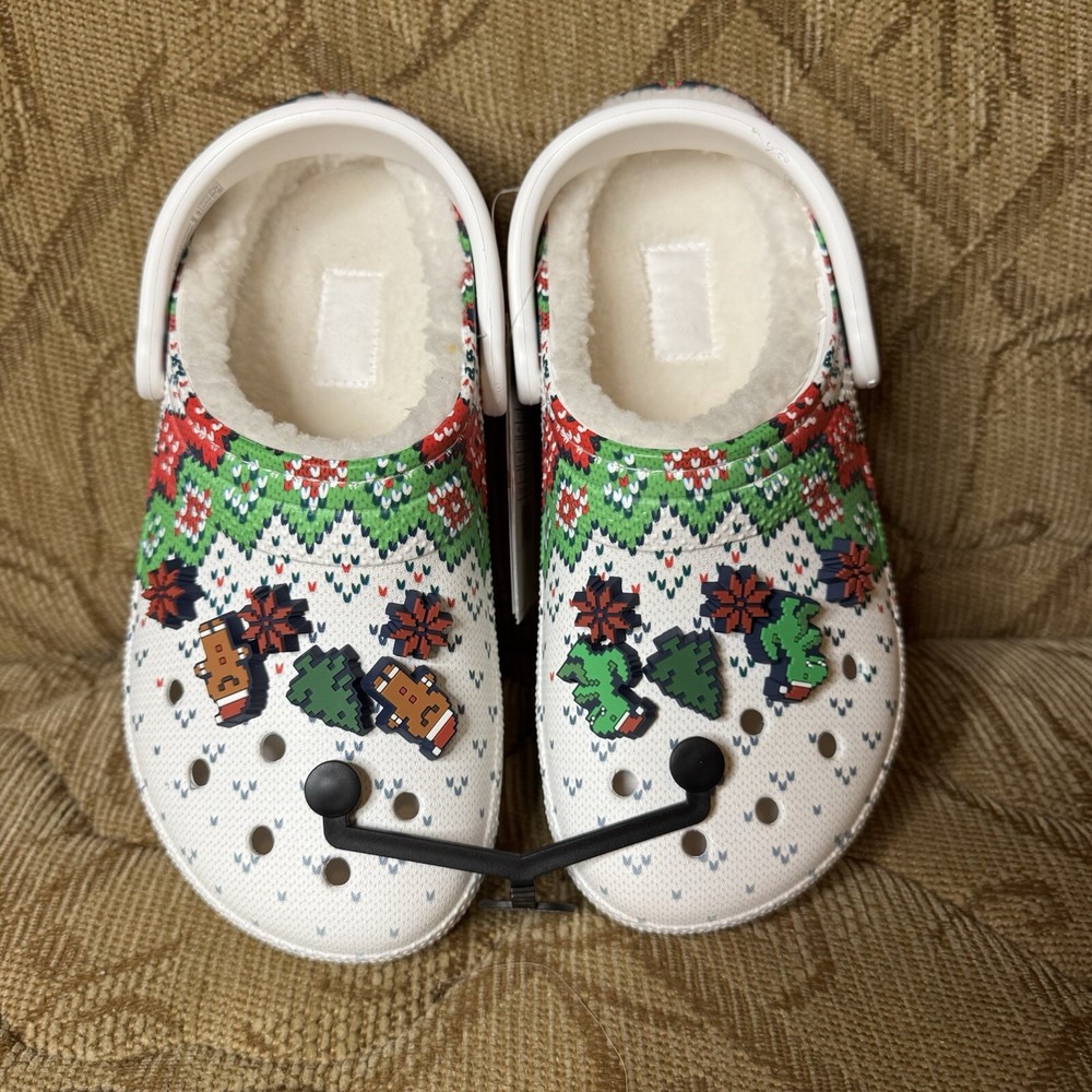 New Crocs Unisex-Adult Classic Lined Holiday Charm Clogs US M3/W5 White