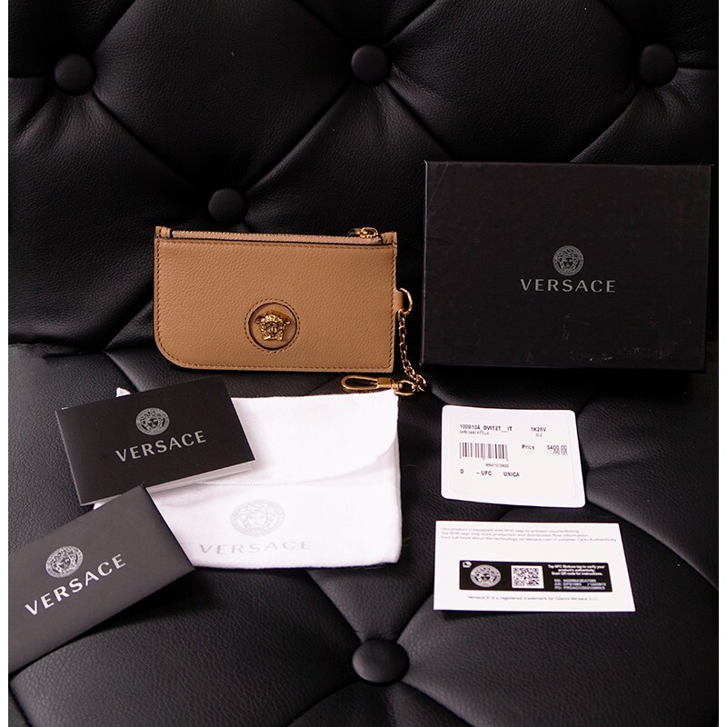Versace La Medusa Leather Card Wallet with Keychain in Gold & Tan