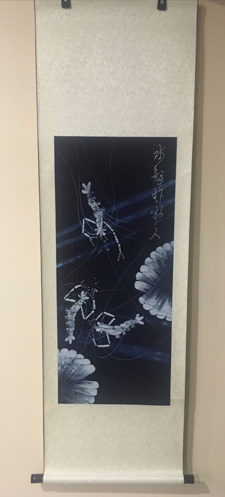 Asian Chinese scroll painting, dyed shrimp & lotus wall hanging art 19