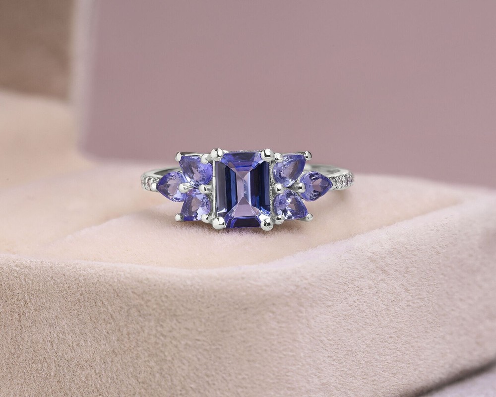 2.40Ct Emerald Cut Simulated Blue Tanzanite Wedding Ring 14k White Gold Plated