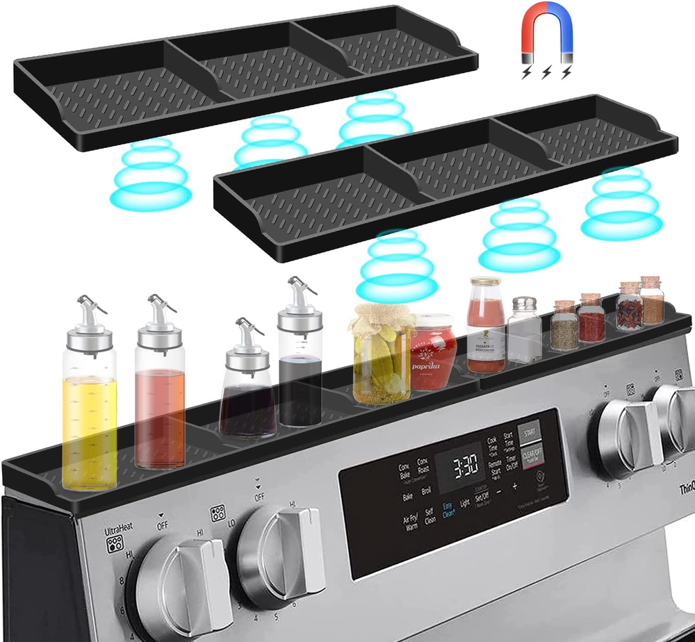 30-Inch Magnetic Silicone Stove Shelf Spice Rack Organizer in Black