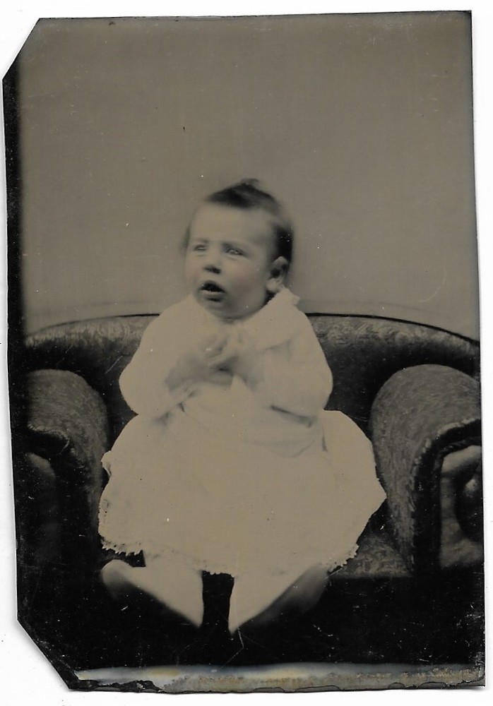 Tintype Photograph Baby Wearing Dress - Seated on Victorian Chair