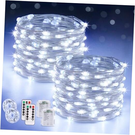 2 Pack Fairy Lights Battery Operated, Total 200 LED 66ft 2 Pack 100LED White