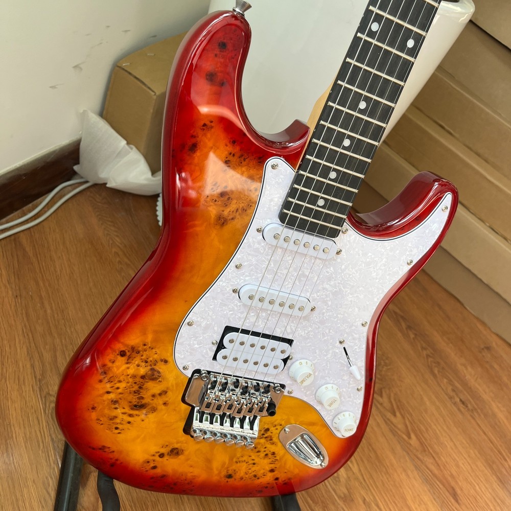 ST Electric Guitar - Red Orange Burst Quilt Top  HSS Pickups  Floyd Rose Tremolo