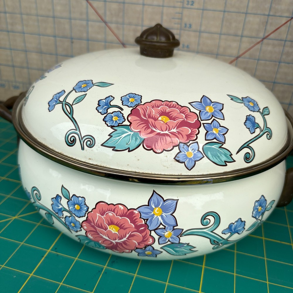 VTG Normandy Dutch Oven Enamel Serving Pot with Lid Floral Design Brass Handles