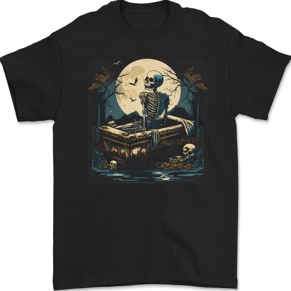 a Skeleton & Coffin in a Graveyard Halloween Mens T-Shirt 100% Cotton
