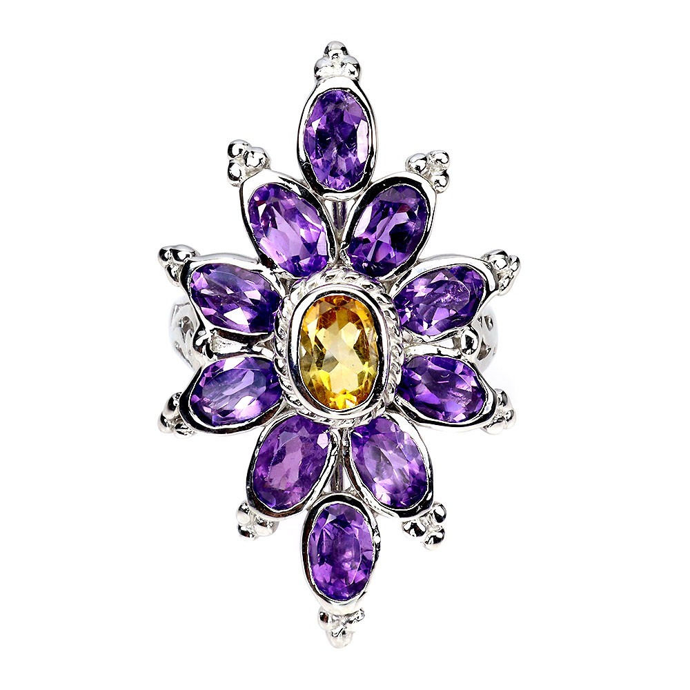 925 Sterling Silver Oval Citrine Amethyst Natural Gemstone Ring Jewelry
