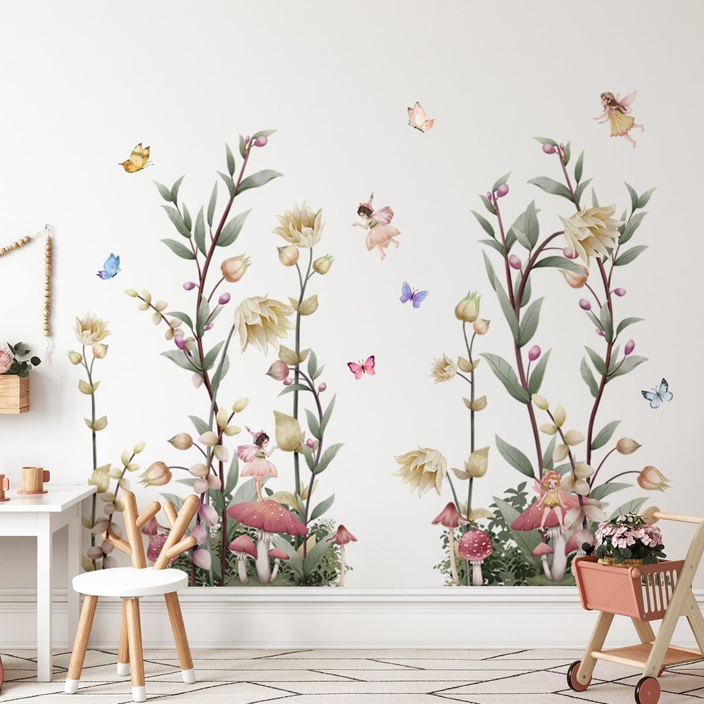 Boho Flower Wall Decals Large Wildflower Wall Decal with Fairy Mushroom Wall Sti