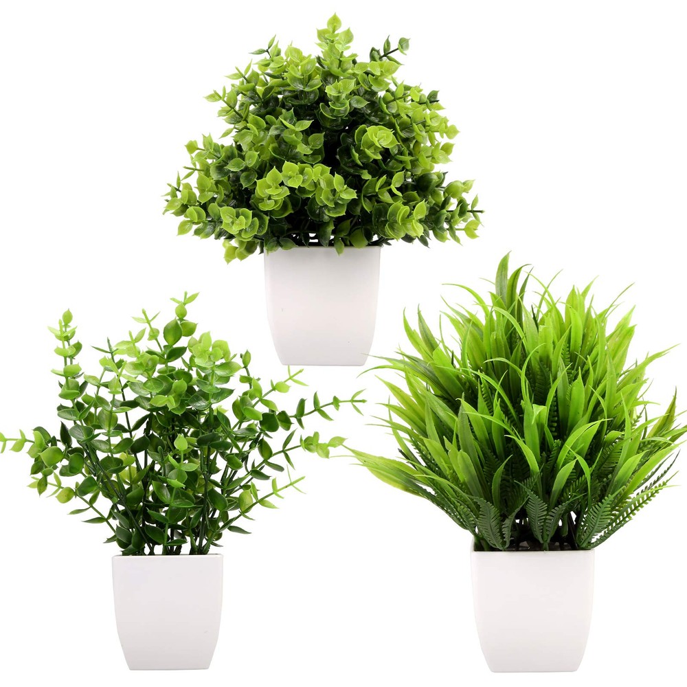 3Pack Mini Fake Eucalyptus and Wheat Grass Plants in Small Pots