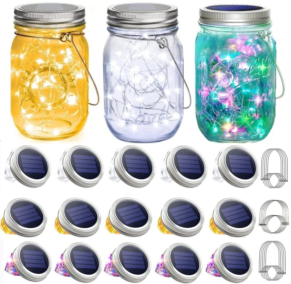Mason 20 LED Jar Lid Lights with Hangers Solar Fairy Firefly String Garden Decor