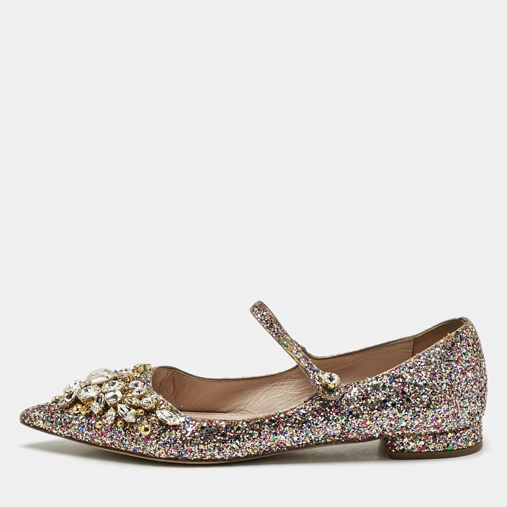 Miu Miu Multicolor Glitter Mary Jane Crystals Ballet Flats Size 375