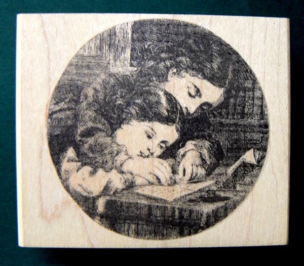 P16  Teacher with child writing rubber stamp WM vintage style