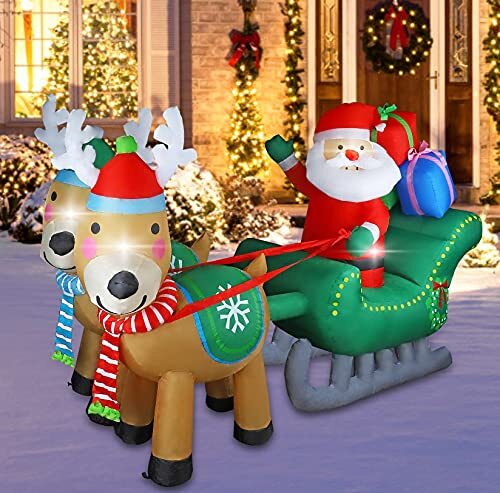 on Sleigh Pulled by Two Reindeers with 6.7 FT Christmas Inflatable Santa Claus