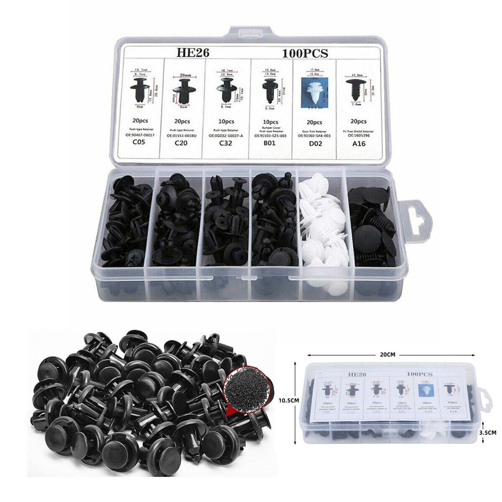 100Pcs Retainer Clips Auto Fasteners Push Trim Clips Pin Rivet Bumper Kit 6 Size