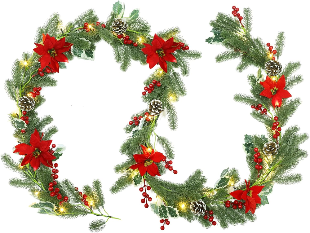 9 FT Christmas Garland with Lights, Battery Operated Christmas Garland, Garland