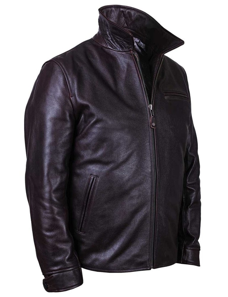 Mens Genuine Cowhide Leather Classic Brown Peat Coat Jacket