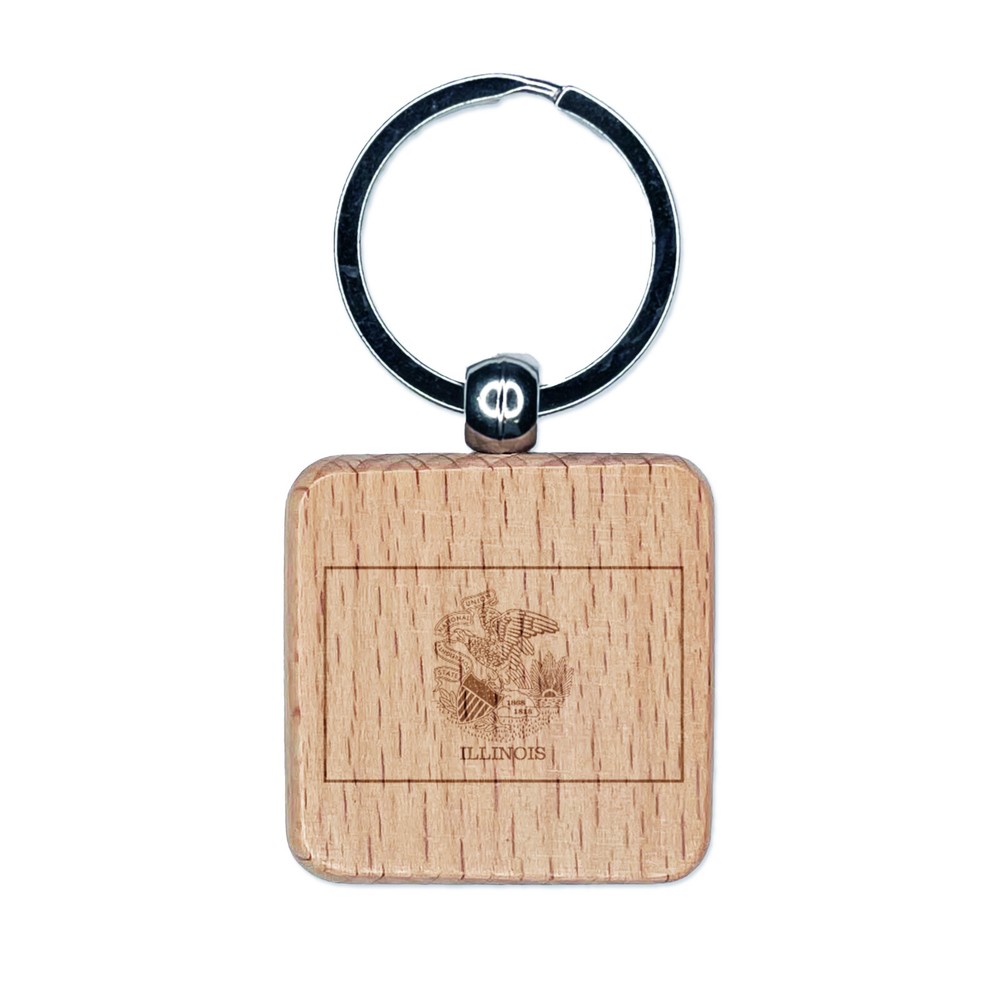 Illinois State Flag Engraved Wood Square Keychain Tag Charm