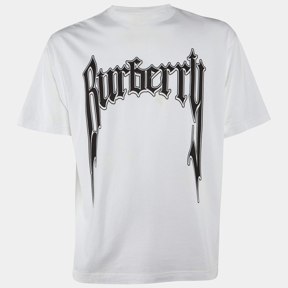 Burberry Off WhiteBlack Printed Cotton Crew Neck T Shirt XS