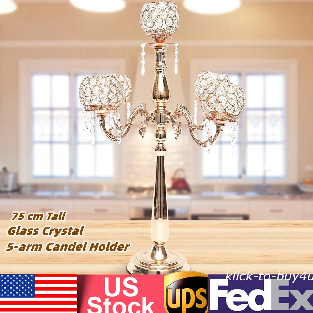 5 Arm Glass Crystal Candelabra Votive Candle Holder Wedding Centerpiece 75cm