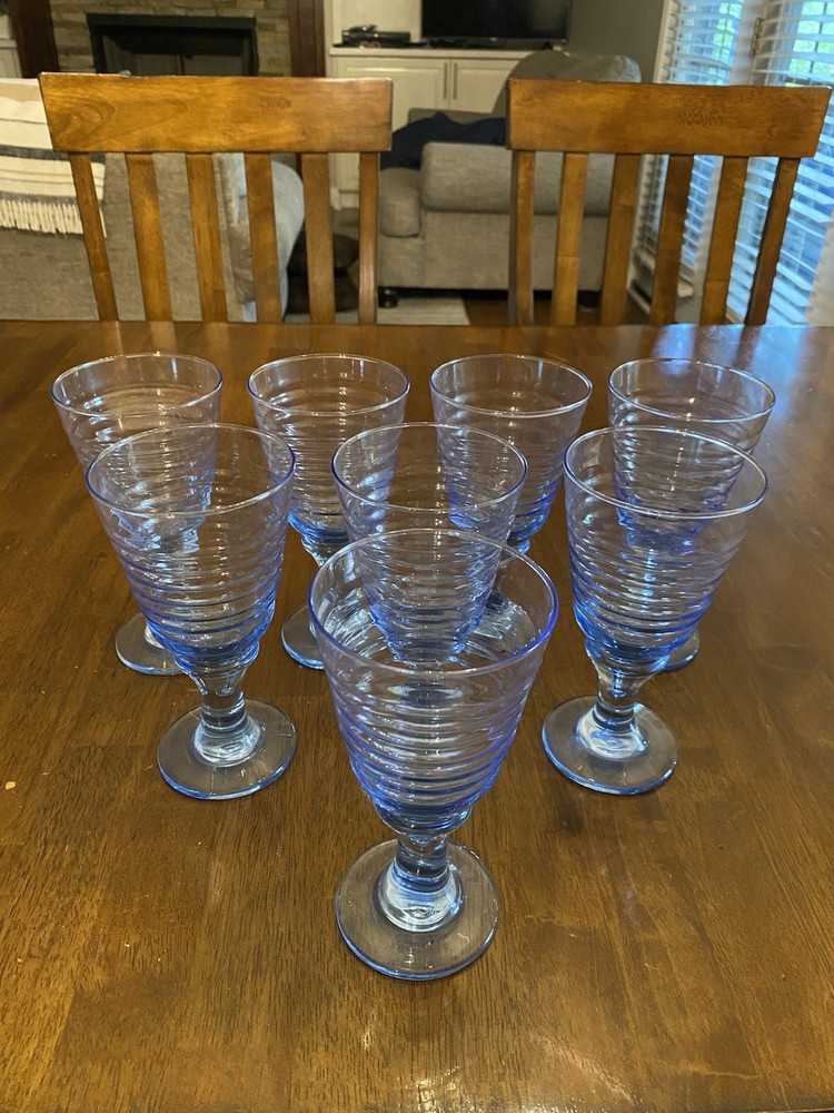 Vintage Libbey Sirrus Blue Wine Glass Goblet Ribbed Design 7” Sold as a set
