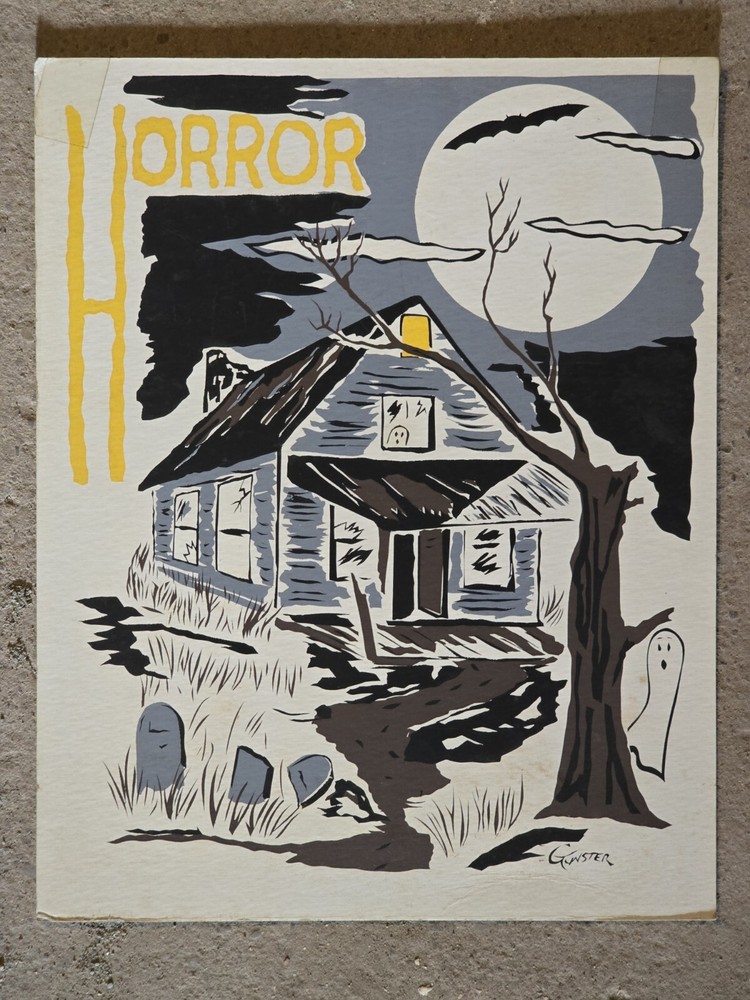 Horror Themed Silkscreen Art Print Signed Gunster on Cardboard Graveyard Spooky