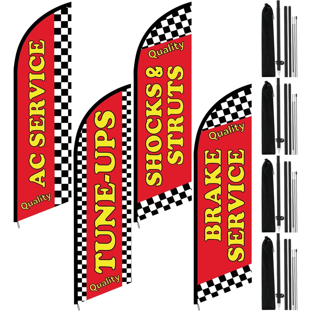 4 Set 7ft Auto Repair Shop Feather Flag Kits for Business Advertisement; Incl...