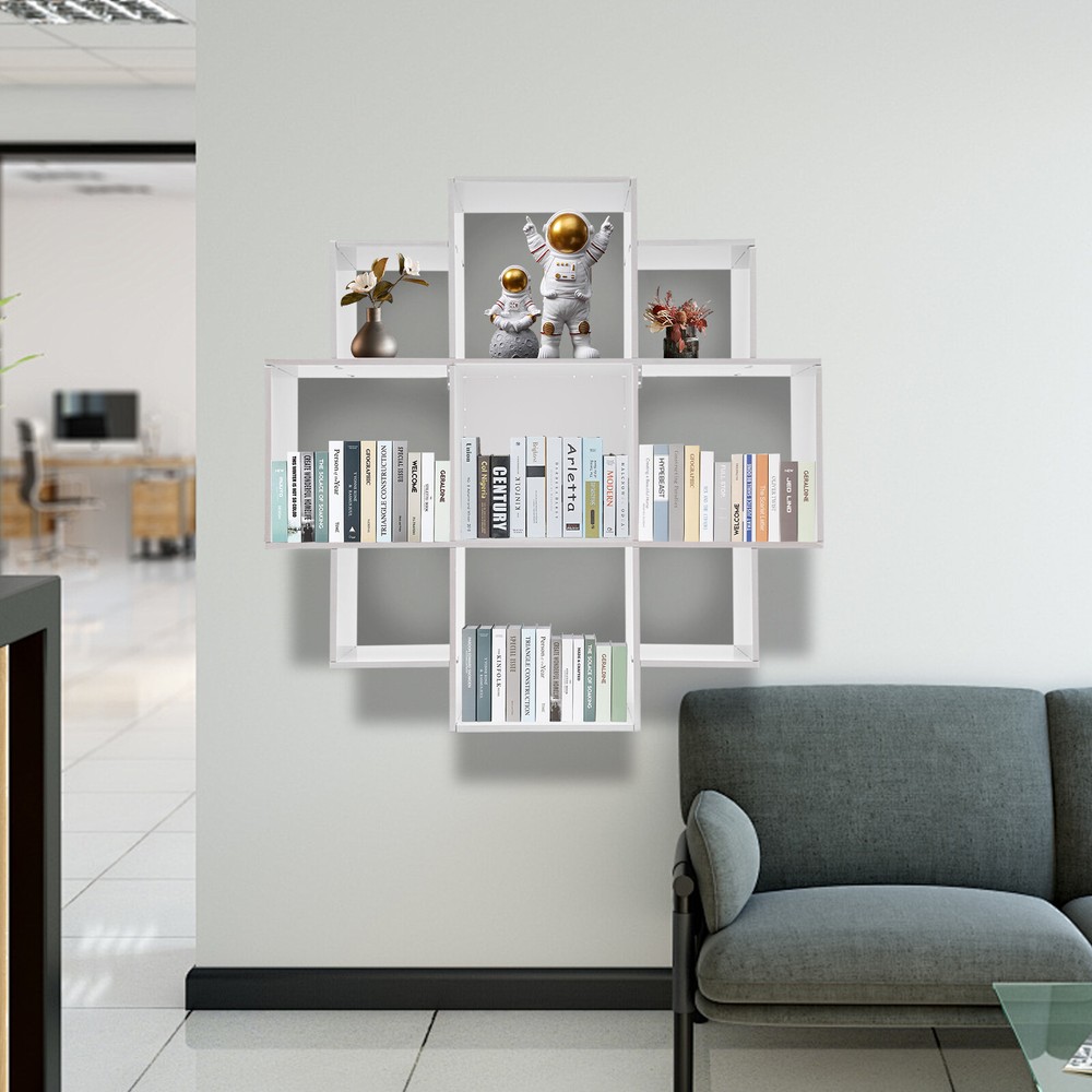 Bookcase White Book Shelf Bookcase With 9 Compartments Wall Mounted Bookshelf