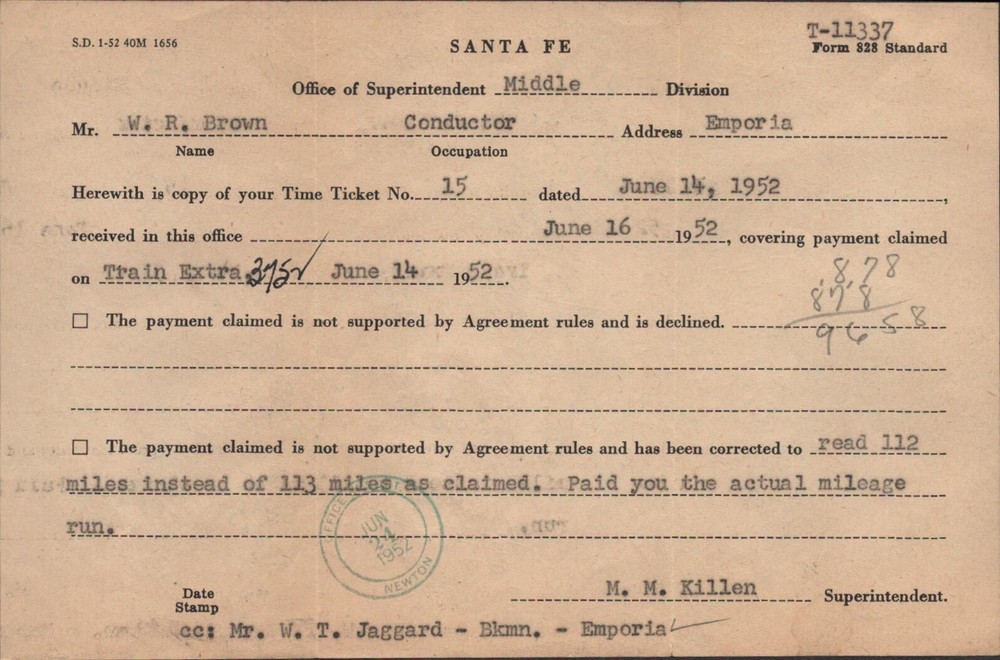 1952 SANTE FE RAILROAD payment correction form TRAIN CONDUCTOR Emporia, Kansas