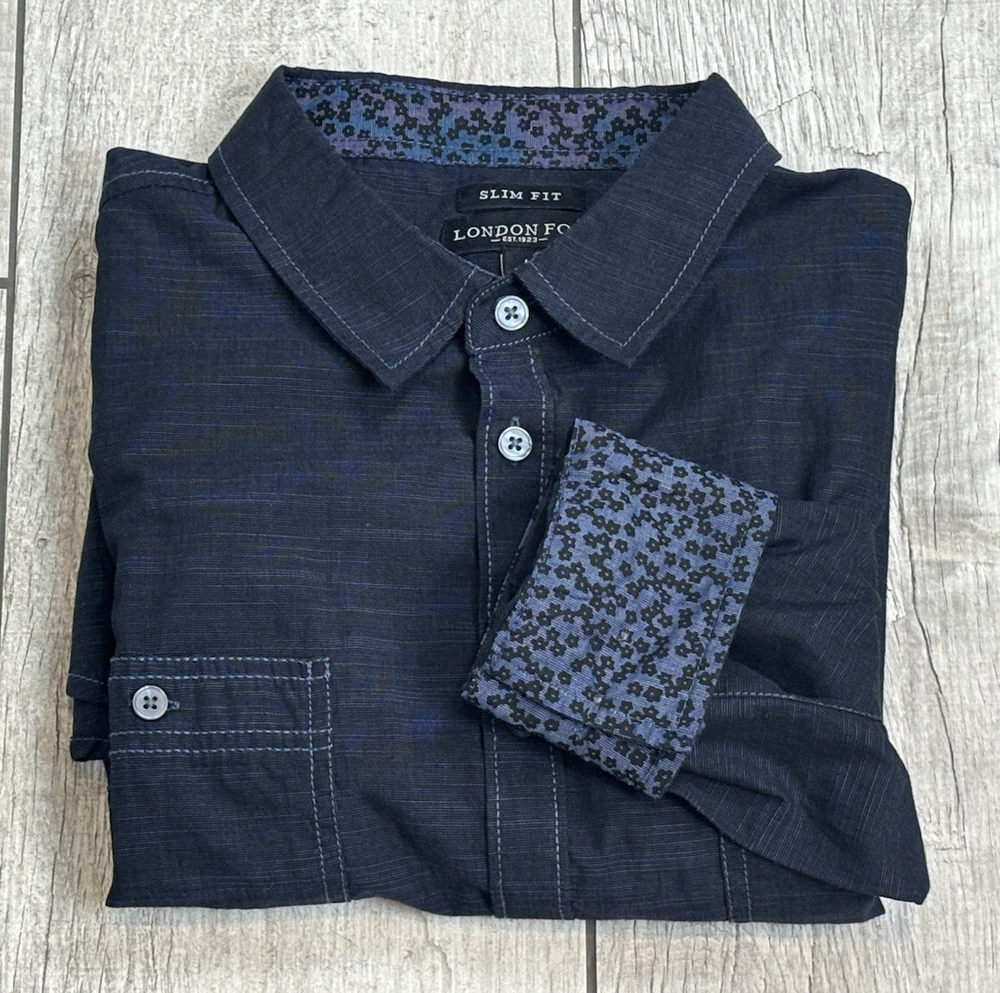 London Fog Slim Fit Navy Button-Up Shirt with Flip Cuff for Men Size L
