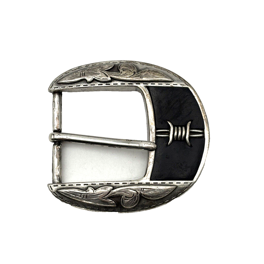 Vintage Justin 'Fenced In' Silver-tone Black Leather Inlay Buckle for 1.5