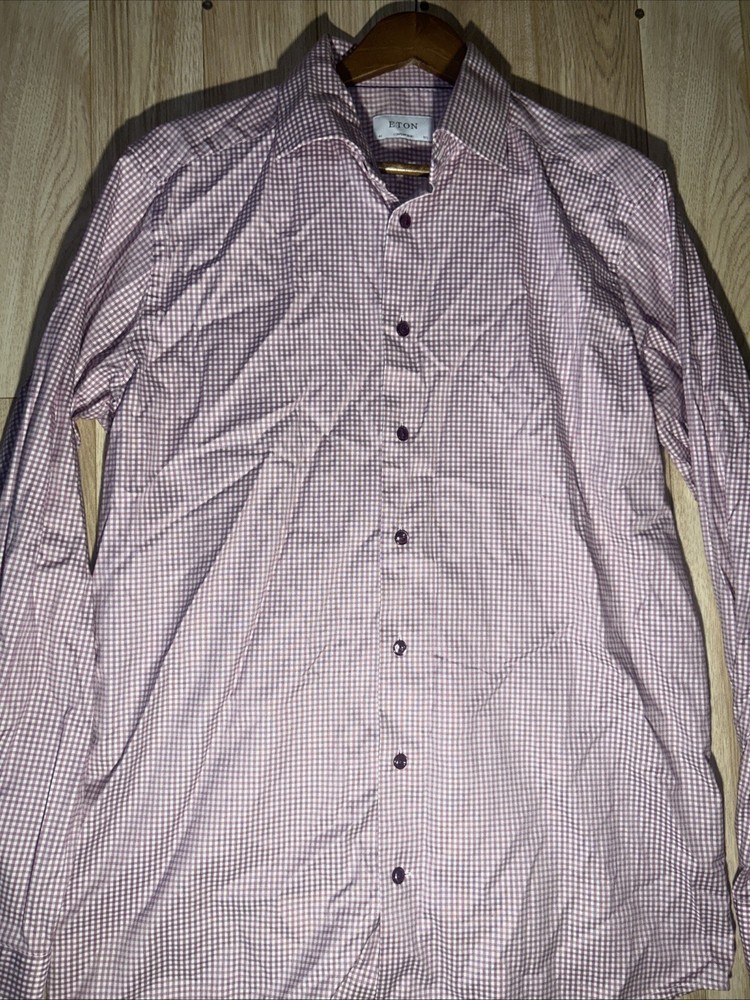 Eton Contemporary Men’s 42 16.5 Purple Check Button Up Tencel Cotton Blend