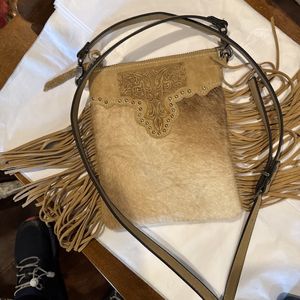 Brown Fringed Studded Leather Crossbody Bag