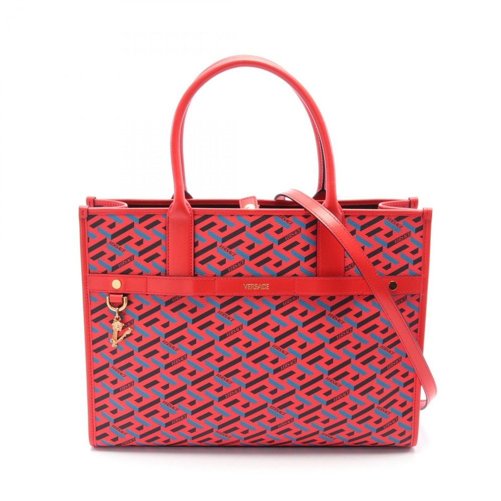 VERSACE La Greca 2-Way Tote Bag in Canvas & Leather - Red Black Blue - Pre-Owned