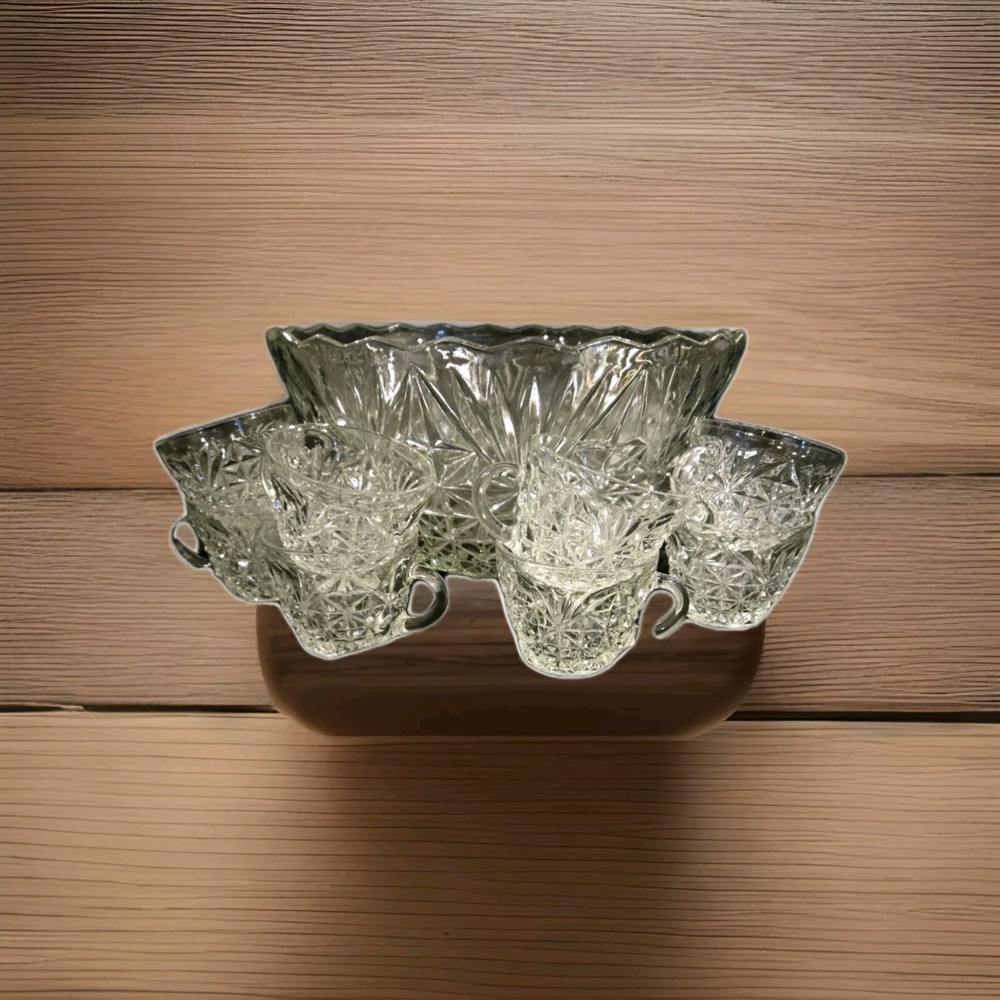 Vintage Anchor Hocking Arlington Punch Bowl & 8 Punch Cups Discontinued Pattern