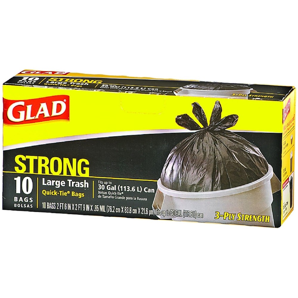 Glad Quick Tie Strong Large Trash Bags, 30 Gallon, Black 10 Ct