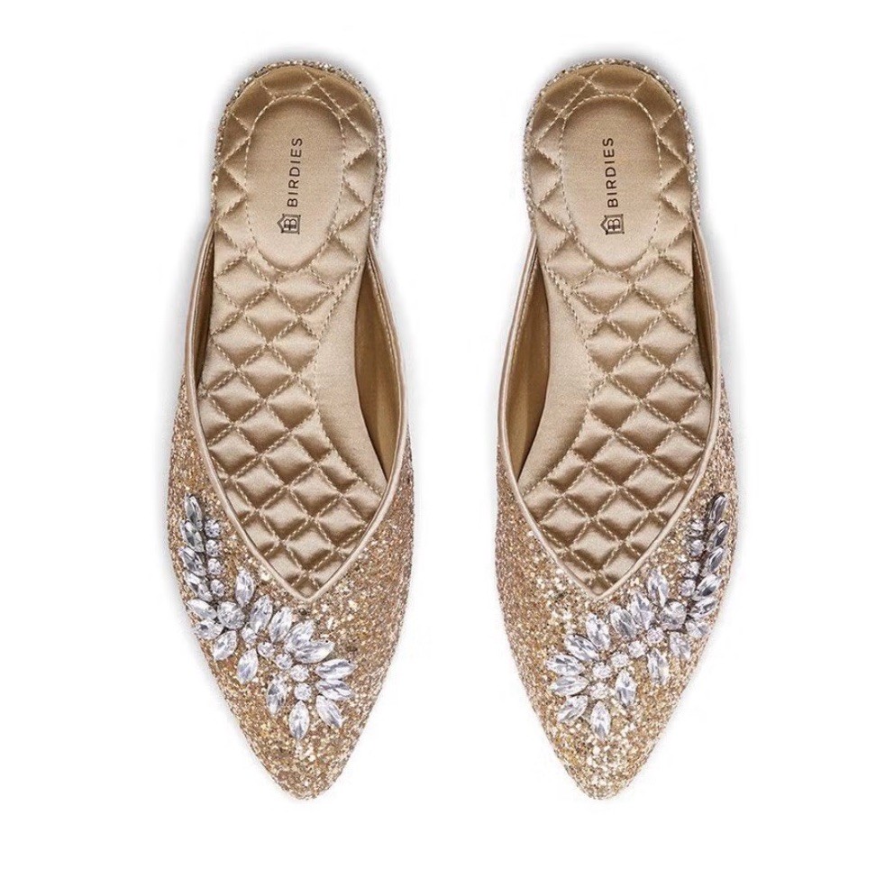 BIRDIES THE SWAN Jeweled MULES Pointed Flats NEW Champagne Gold BLING Women 9.5
