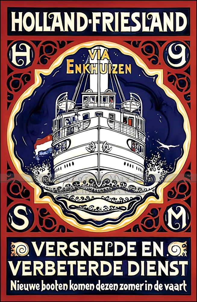Vintage 1915 Holland Friesland via Enkhuze Ships Retro Art Print Poster  