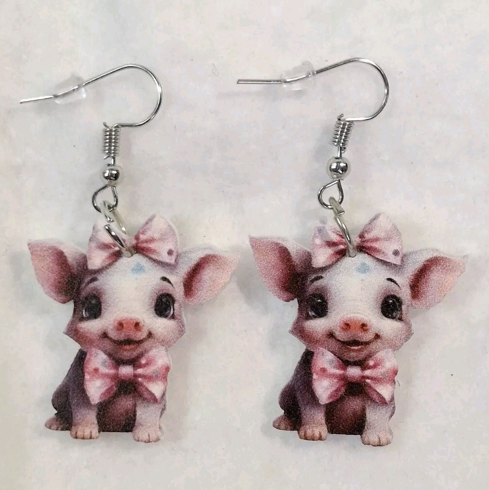 Pig Earrings Piglet Fashion Jewelry Farm Dangle Charm Piggy Mom Gift Bow