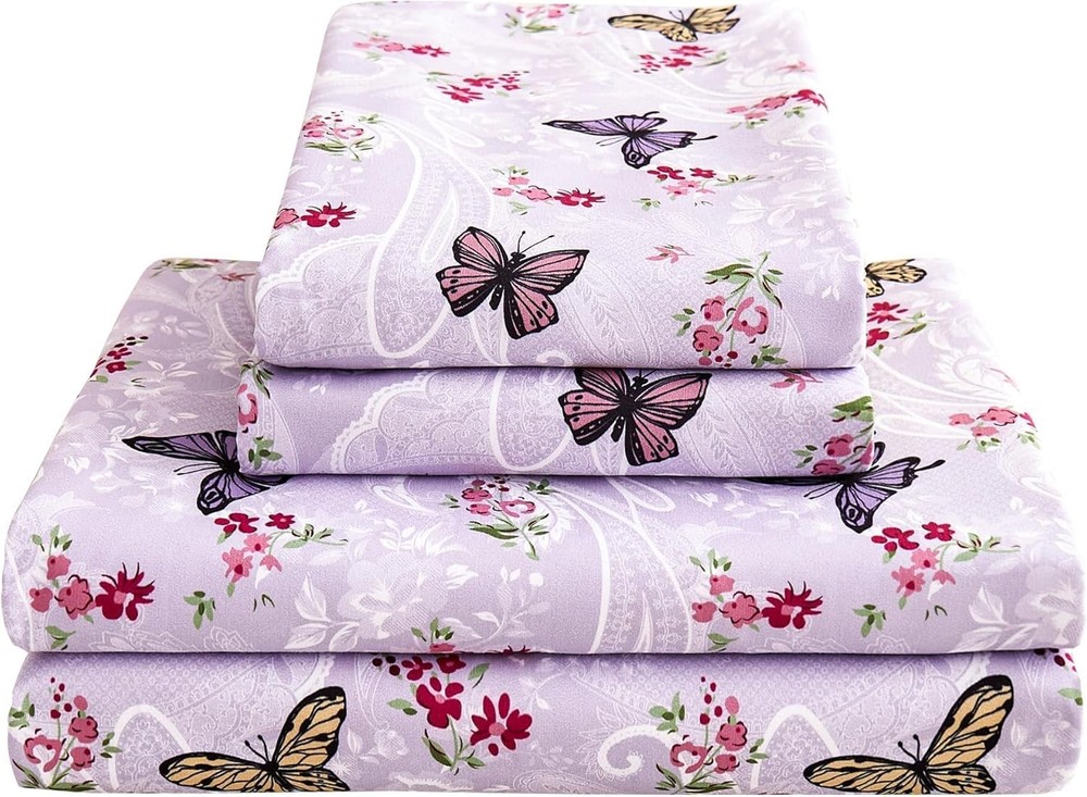 Paisley Floral Bed Sheets Queen Set, Purple Flower Printed Sheets for Queen Size