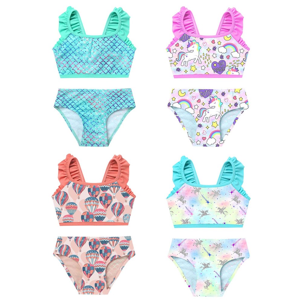 US Girls Fish Scales Printed Swimsuit Ruffled Shoulder Straps Mermaid Beach Wear