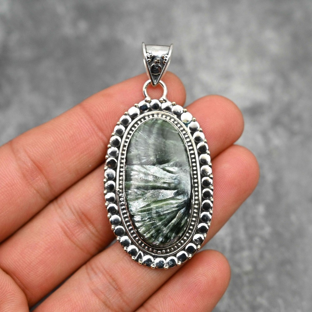 Natural Seraphinite Gemstone Pendant in 925 Sterling Silver Handmade Jewelry Gift