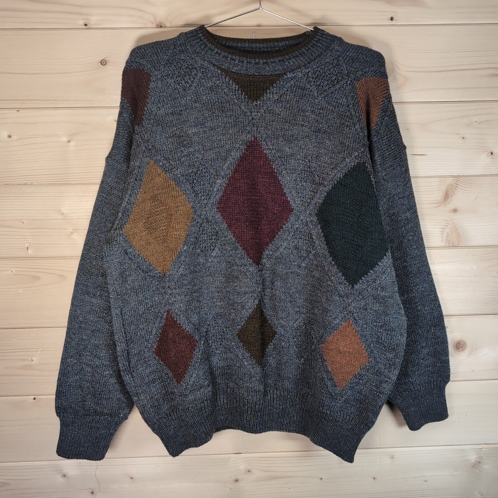 The Sweater Shop Grattan Mens XL Grey Diamond Pattern 90s Textured Knit Jumper
