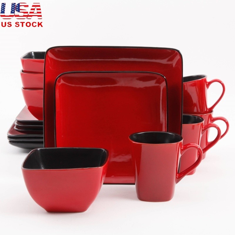 16-Piece Square Dinnerware Set Stoneware Plates Bowls Mugs Dishwasher Safe New